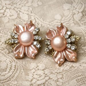 Vintage Pink Moonglow Lucite Flower Clip On Earrings Rhinestone 1950s Floral